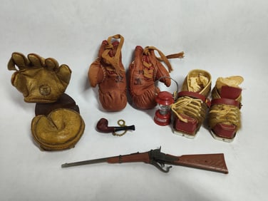 Miniature Seal Skin Shoes, Leather Gloves, Pipe, Coleman, and Rifle