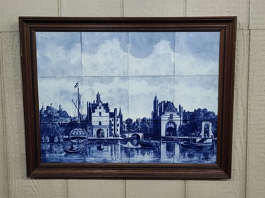 VINTAGE FRAMED DELFT 12 TILE PICTORIAL SCENE