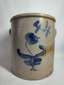 4 GAL. COBALT BLUE DECORATED STONEWARE CROCK