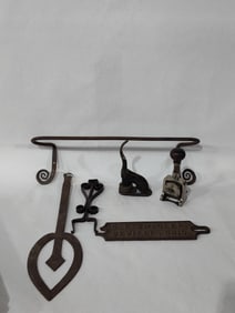 PRIMITIVE LOT INC. BATES STAMP, C.E. SWAGLER SEVILLE OH NAME PLATE, AND HAND CRAFTED IRON TOOLS