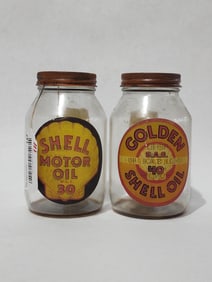 LOT OF 2 EARLY SHELL MOTOR OIL THE N.R. CO. PETROLEUM PRODUCTS GLASS JARS W/ LIDS