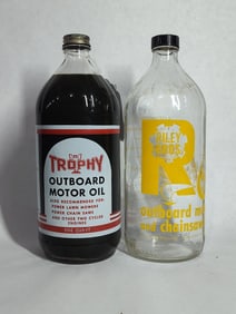TROPHY AND RILEY BROS. OUTBOARD GLASS OIL BOTTLES