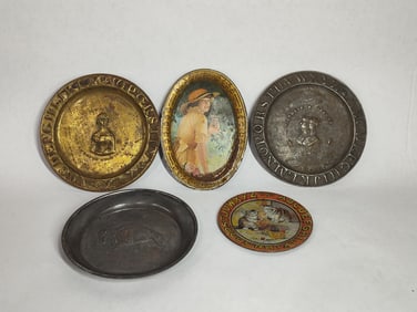 LOT OF 5 EARLY TIP TRAYS AND PEWTER PLATES