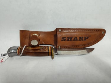 SHARP FIXED BLADE WOOD GRAIN HANDLED KNIFE WITH SHEATH