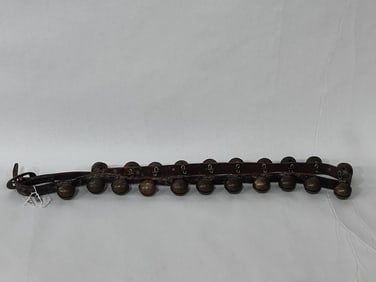 ANTIQUE BRASS DECORATED SLEIGH BELLS ON STRAP