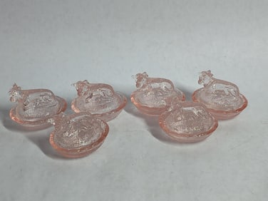 LOT OF 6 PINK GLASS COW ON NEST SALT CELLARS
