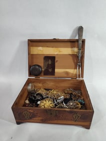Vintage jewelry lot inc. rings, necklaces, pins, tin types and more in an early wood chest