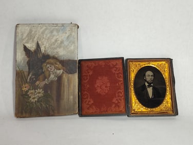 EARLY HAND PAINTED OIL ON CANVAS WITH TIN TYPE PHOTO