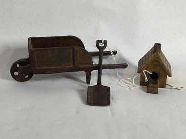 Arcade Cast Iron Wheelbarrow & Shovel and Incense Burner Cottage