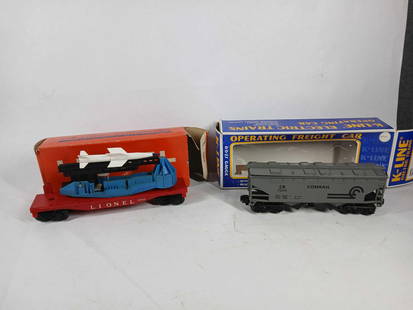 Lionel & K- Line Train Cars: Lionel flat carNo 6650. K Line operating freight car 0/0-27. Both in original box