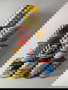 10-Various Oil Cans: One quart cans, all are cardboard. Includes Mobil, Texaco, Calol, Cam2, Oilzum, Shell, Husky, John Deere, and Harley Davidson. All are empty