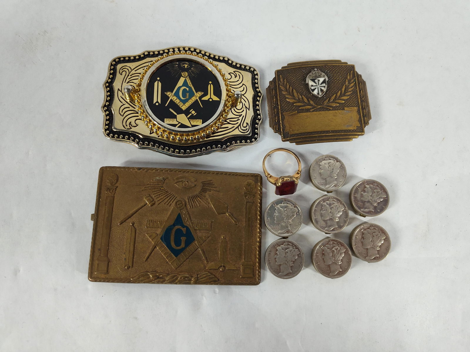 Mercury Dime Button Holders, 10K GOld RIng & Masonic Buckles (1 of 4)