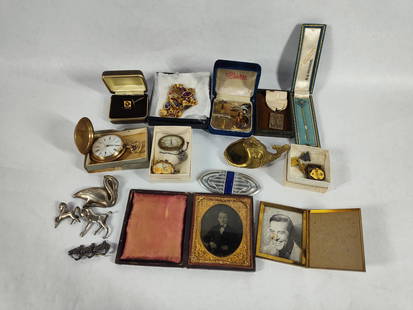 Sterling Silver, Pocket Watch, Tin Types, and Misc Jewelry: Great lot with many unique items. Featuring a few sterling horse and herring pins, brass fish, photos, cufflinks, medals, and gold filled items