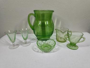 Uranium Glass Water Pitcher & Cups
