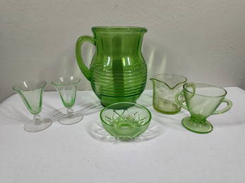 Uranium Glass Water Pitcher & Cups