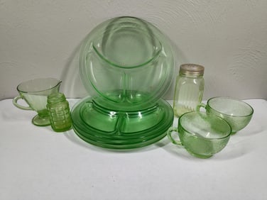 Uranium Glass Plates, Cups, and Shaker