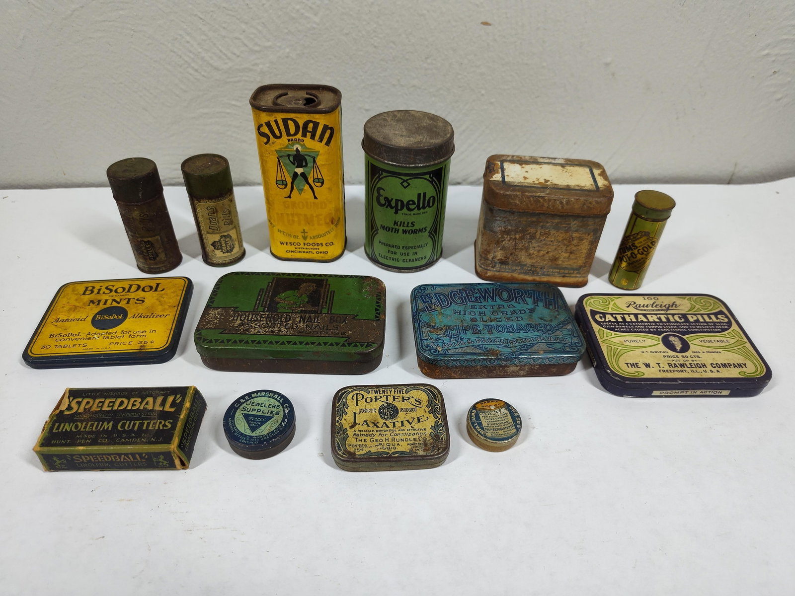 1900s Tablet & Advertising Tins: Edgeworth Tobacco, household nails, mints, Sudan Nutmeg, Doans pills, and many others