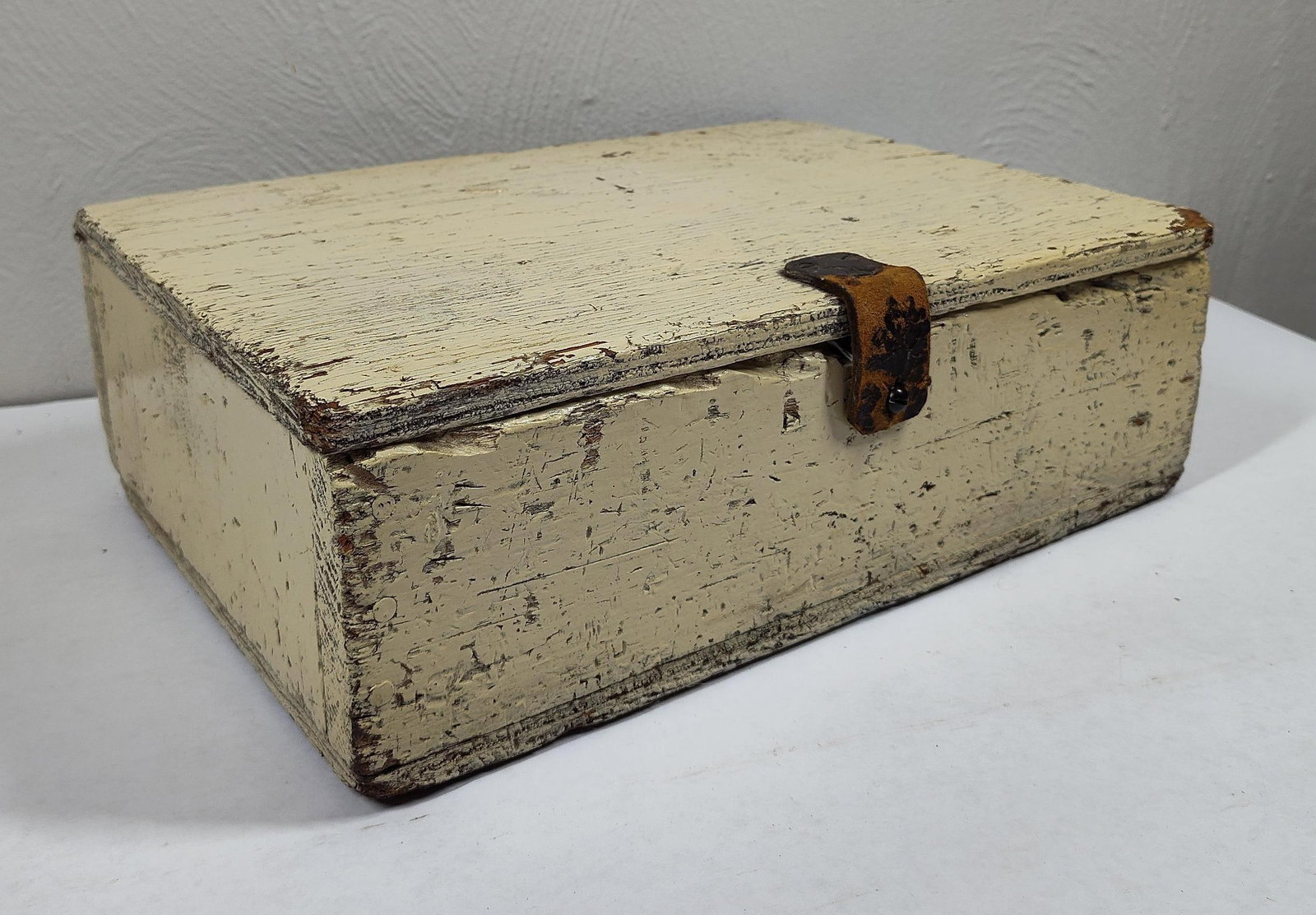 Great Painted Lift Top Document Chest: Leather Strap and an early white paint. 14x10x4.5