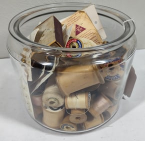 Wooden Spools, Thimbles, & Glass Country Store Jar