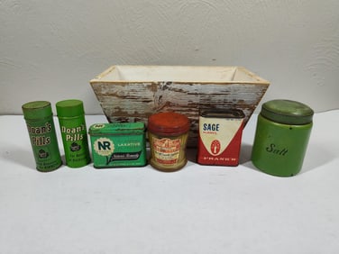 Wooden Salt Box & Various Tins