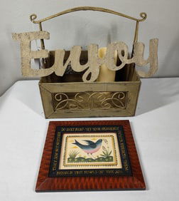 Metal Basket, Sign, and Framed Print