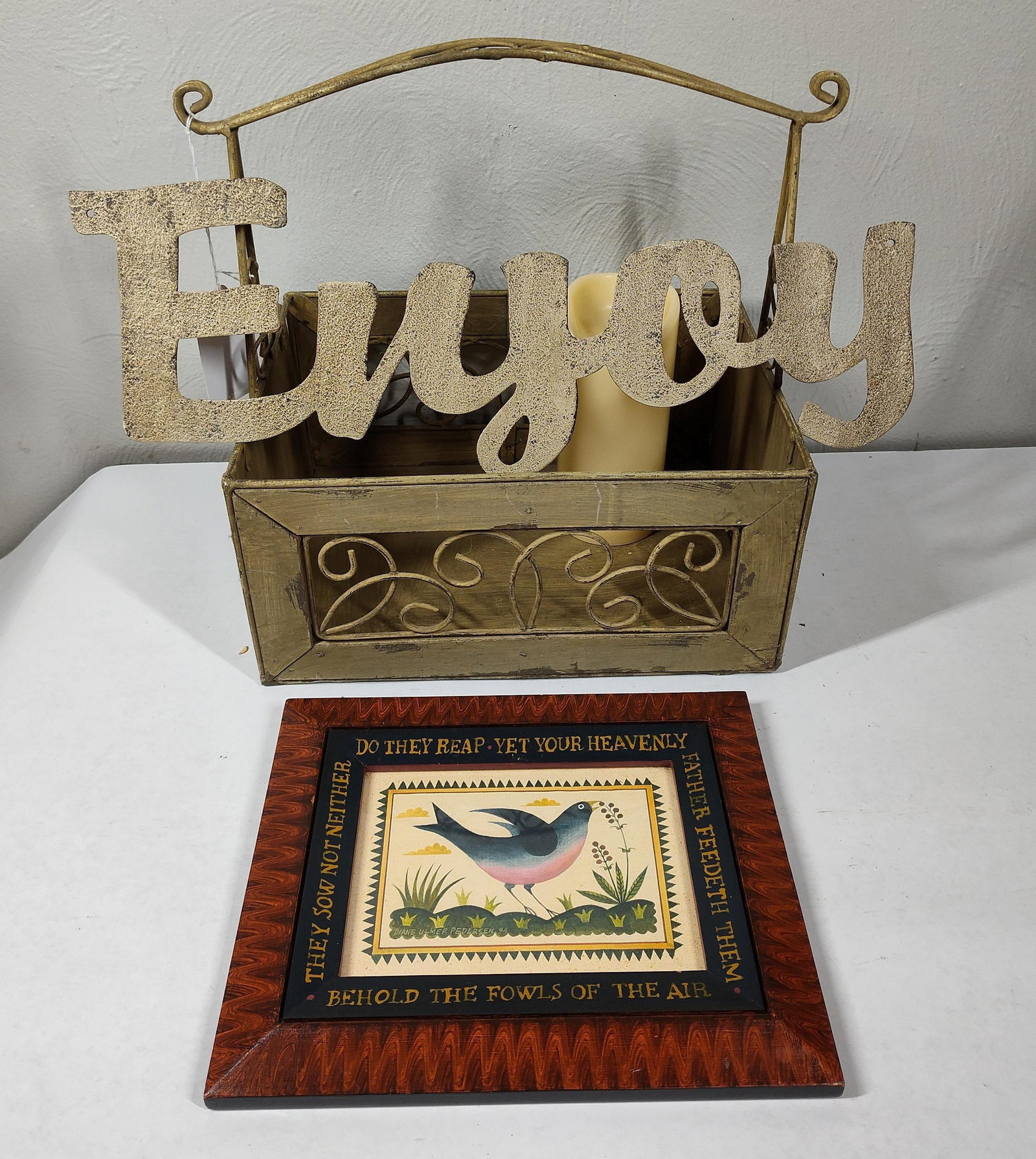 Metal Basket, Sign, and Framed Print: Wrought iron basket is 12.x8.5x12.5, Metal ENJOY sign is 18 inches and frame is 11x9