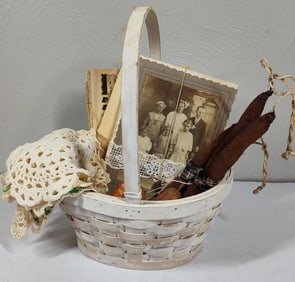 Bound Books w Photos, Basket, and Primitive Decor