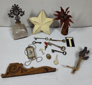 Cast Iron Star, Skeleton Keys, Glass Bottles, & More