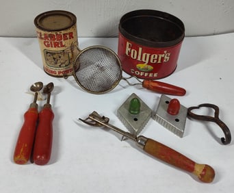 Red Handled Kitchen Utensils & Tins