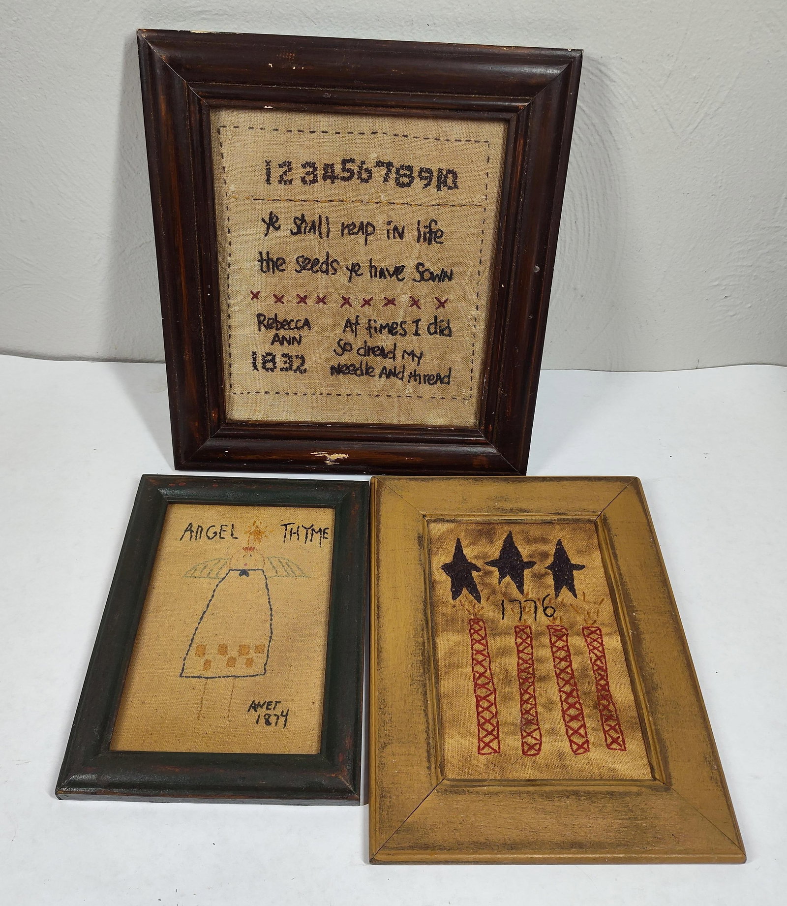 Embroidery Sample Frames: Each is hand stitched and framed. 11x10, 8x10, and 8x6.5