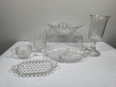 Fostoria American Glass Pitcher, Platter, Cups, and dishes