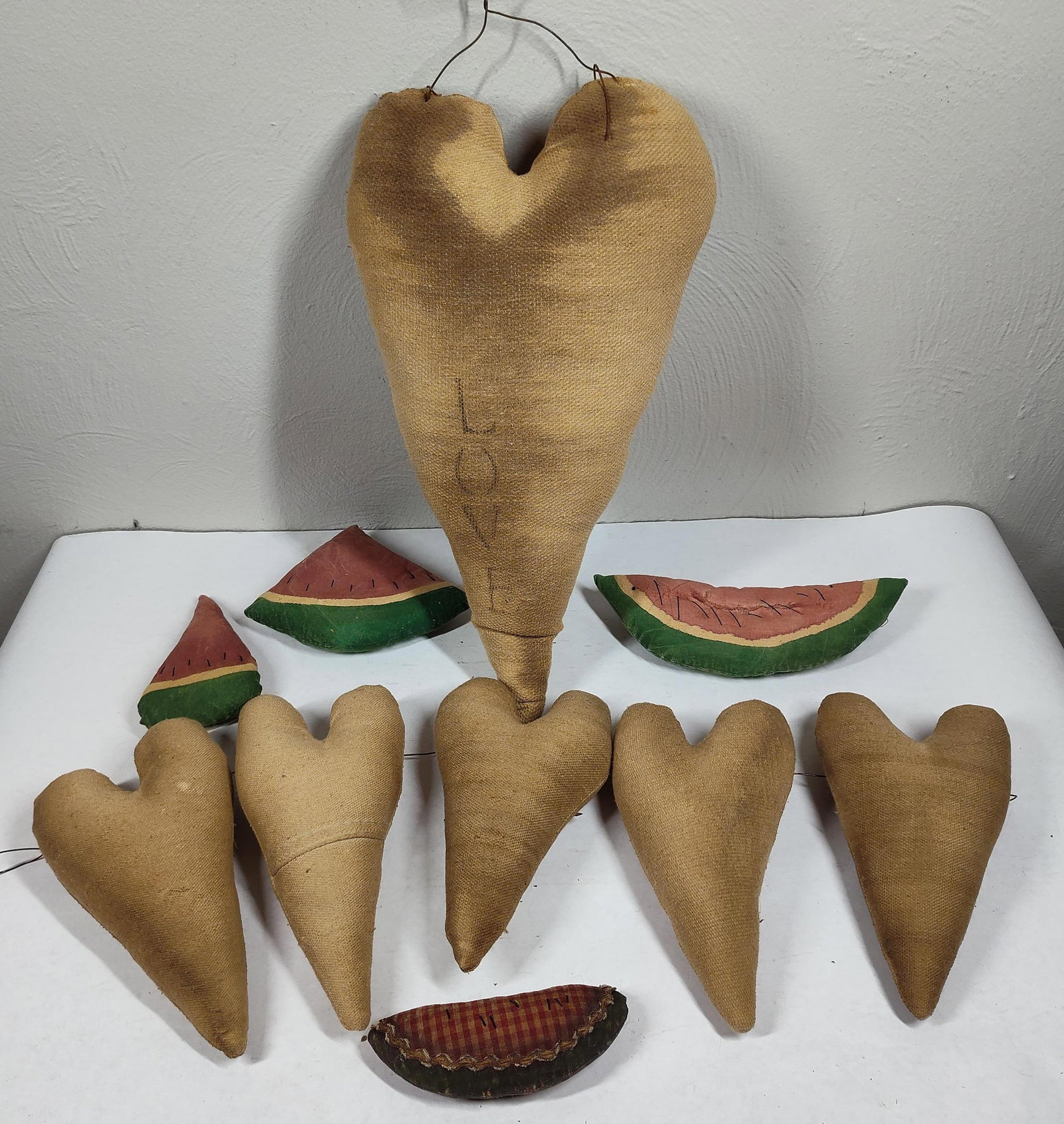 Hand Stitched Hearts & Watermelons: Largest heart is 17 inches. Made from burlap bags
