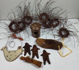 Twig Decor, Wooden Shoe, and Pottery Birdhouse.