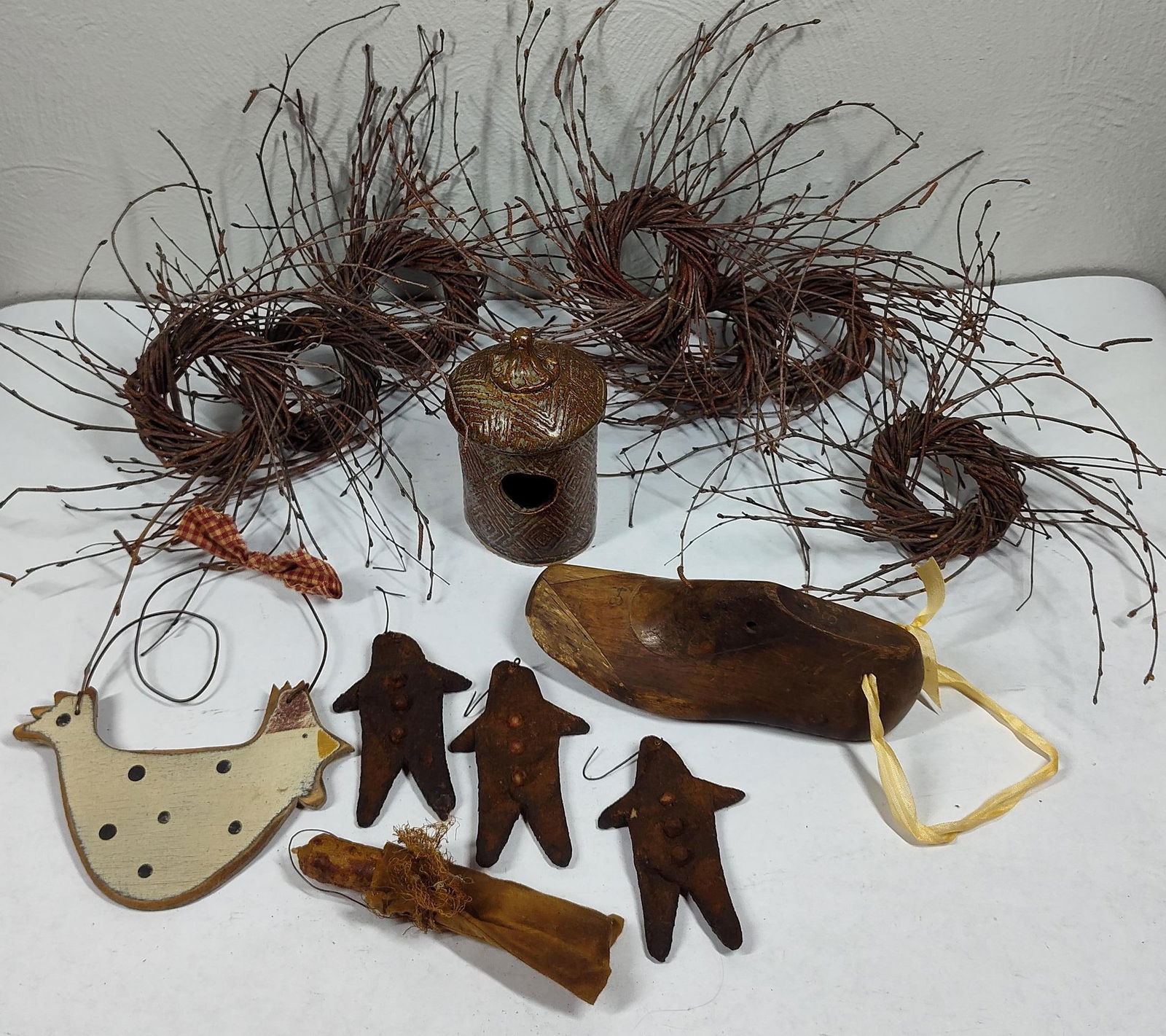 Twig Decor, Wooden Shoe, and Pottery Birdhouse. (1 of 5)