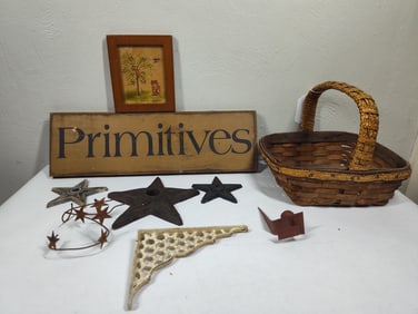 Cast Iron Building Stars, Primitive Sign, & Basket