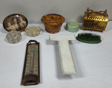 Flower Frogs, Thermometer, and Brass Decor