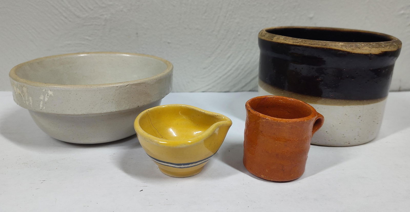 Mini Crocks & Pottery: Small two toned crock is 3 inches, includes redware, and crock bowls.