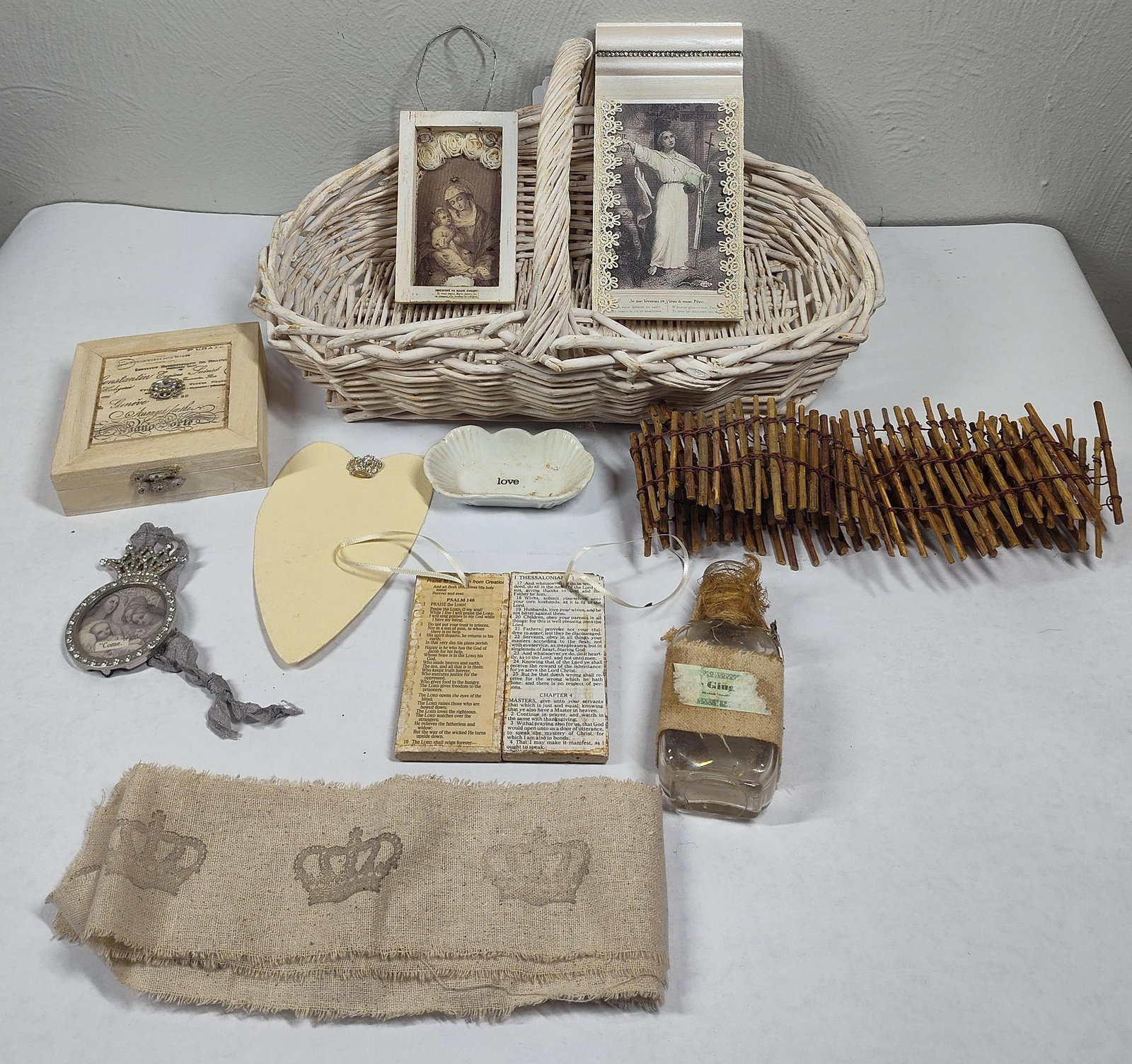 Darling Basket & Feminine Decor: Decoupage wood pieces, framed religious pieces, bottle, and more.