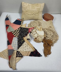 Hand Stitched Quilt Star, Doilies, Basket, and Linen