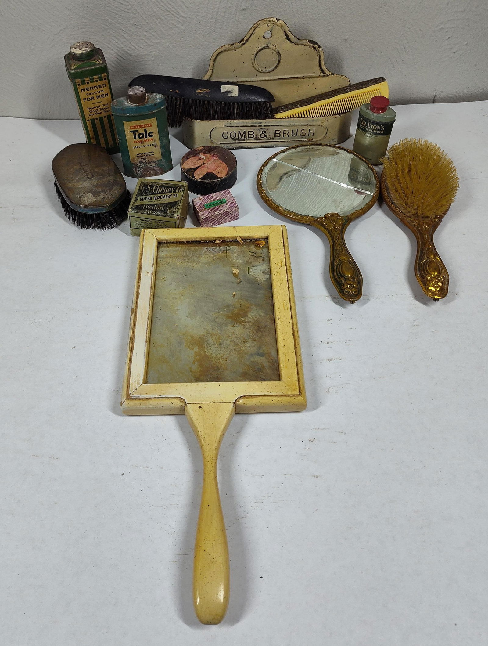 Vanity Set, Tins, & Tim Comb Holder: Several pieces may be silver plated or sterling- no markings found.