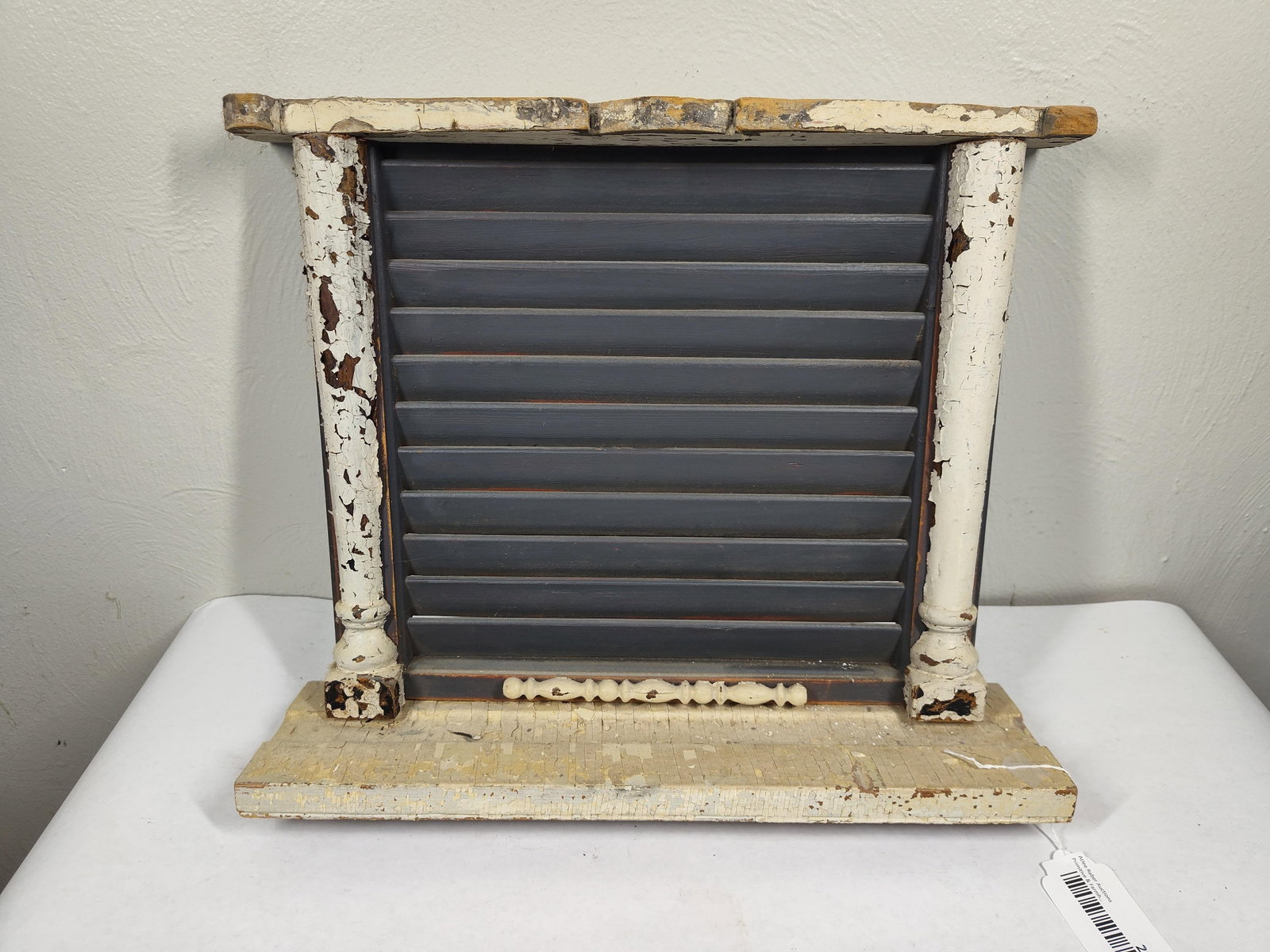 Architectural Shutter Shelf: Pilers, shutter, and distressed farmhouse wood, makes a wonderful primitive display. 18x15
