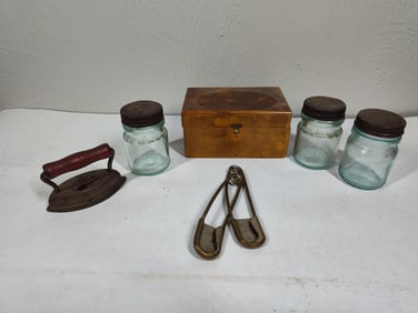 Early Cobalt Blue Glass Bottles, Salesman Box, Mini Sad Iron , & Pins