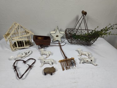 Porcelain Animals, Wire Basket, Birdhouse & Farmhouse Decor