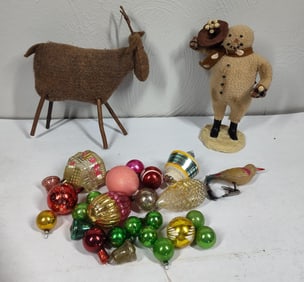 Glass Christmas Bird, Ornaments, & Sewn Decor