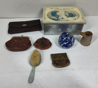 Leather Coin Purses, Paperweight, Tin Box & Smalls