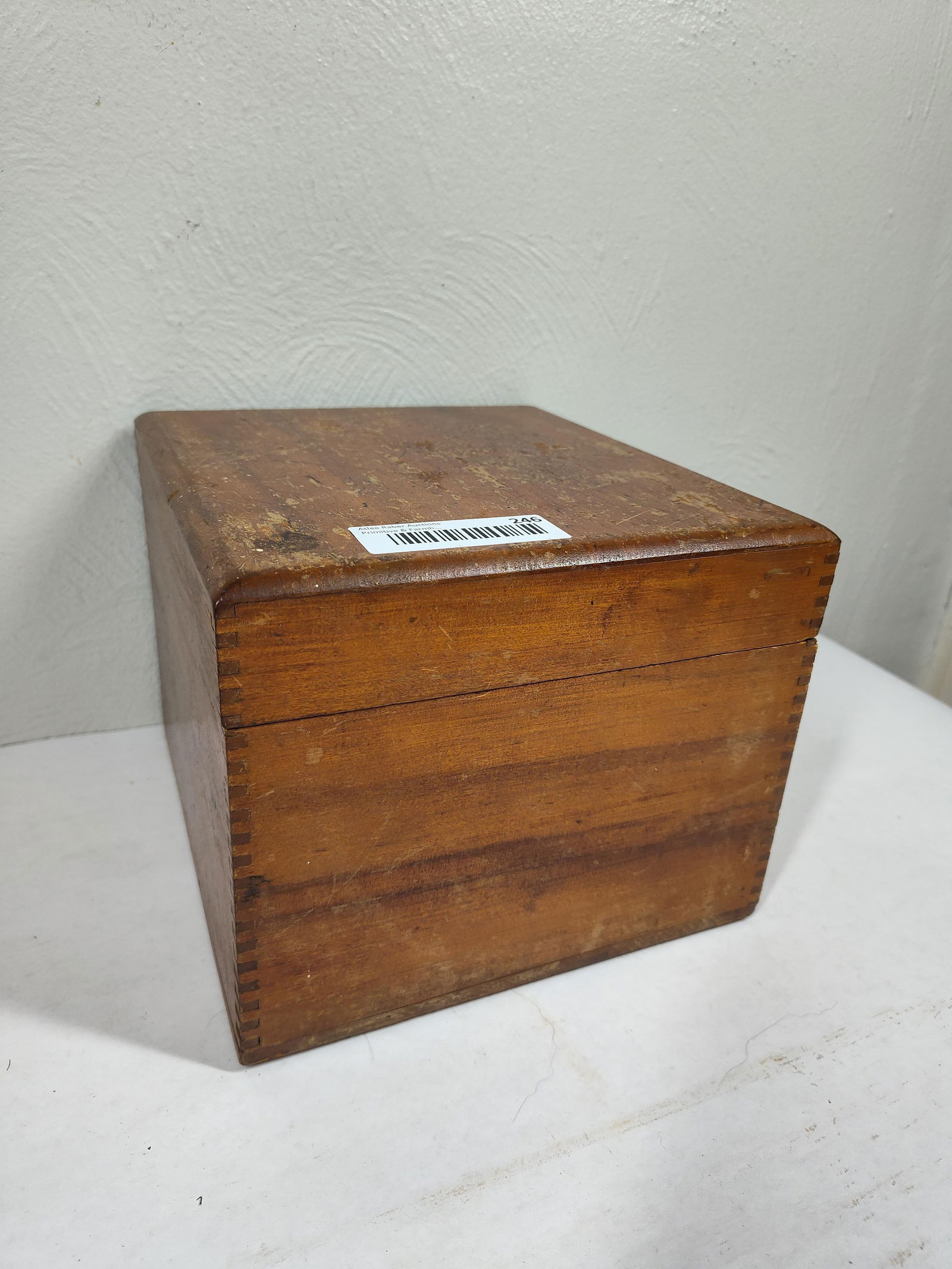 Dovetailed Oak Card Catalog: Metal card tray inside. 9.5x8.5x7. Top shows some minor scuffing and scratches.