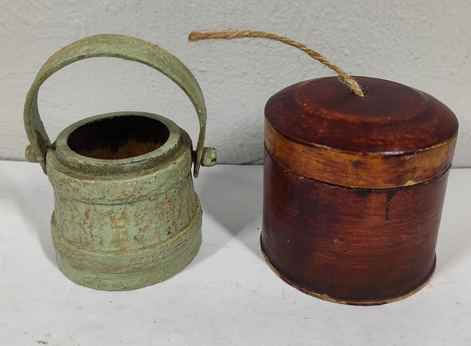 Miniature Firkin Bucket & String Holder: Painted Firkin is only 2.5x2.5 inches. No lid. String holder with lid and twine. 3x3