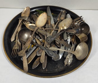 Silver Plated Silverware & Tole Painted Tray