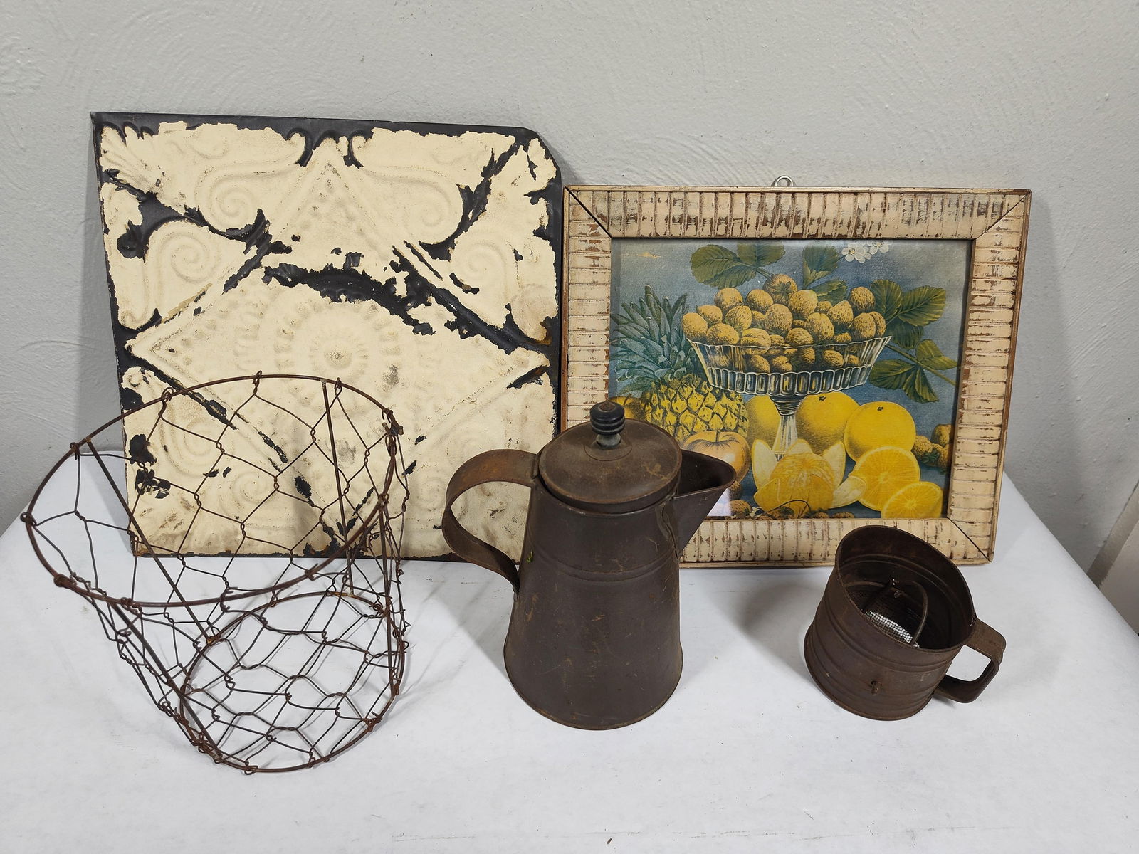 Embossed Tin Panel, Framed Print & Tin Kitchenware: Framed still life is 12x10. Tin ceiling panel with white paint is 11.5x11.5