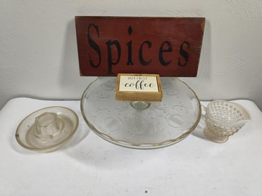 Wood Spice Sign, Cake Stand, Juicer, and Hobnail Creamer